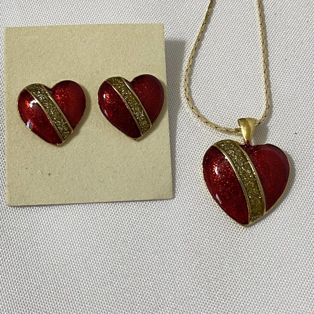 Vintage Heart Pendant Necklace & Earrings Red Enamel Signed ROYAL 15" Chain - Picture 4 of 4